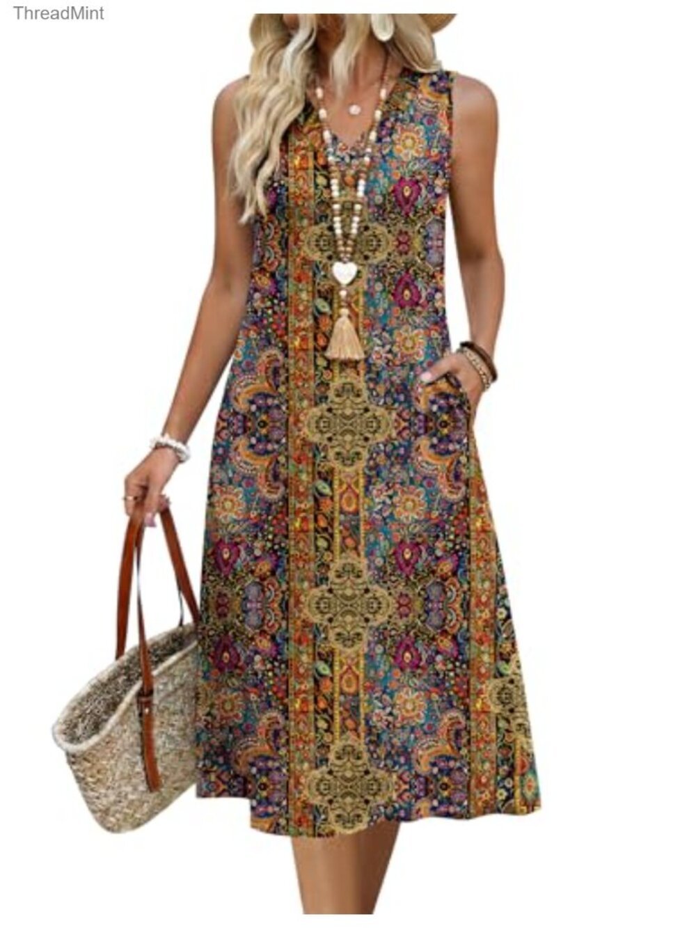 Women's Sleeveless V-Neck Midi Sundress with Pockets Casual Summer Beach Dress